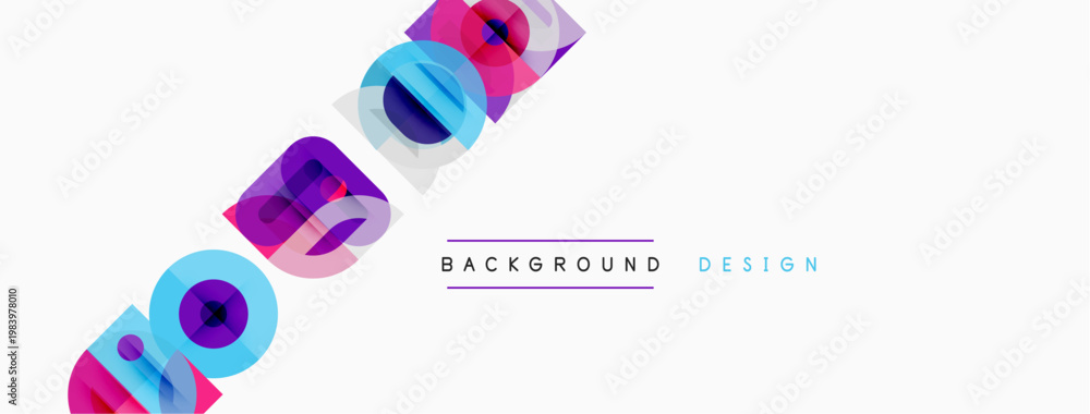 Naklejka premium Abstract colorful shapes, geometric patterns, modern design elements. White background provides clean visual space. Simple text overlay present.