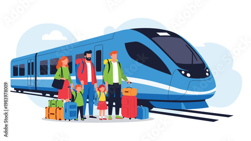 Happy family with young children stands on a platform next to a modern high-speed train, ready to begin their exciting travel journey.