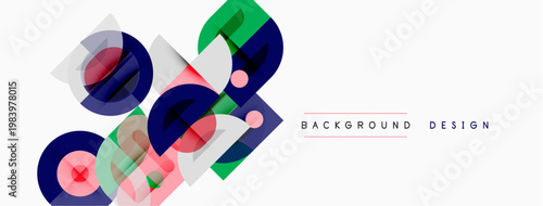 Abstract geometric shapes overlap, creating vibrant modern design. Colors include green, blue, pink, purple. Minimalist style.