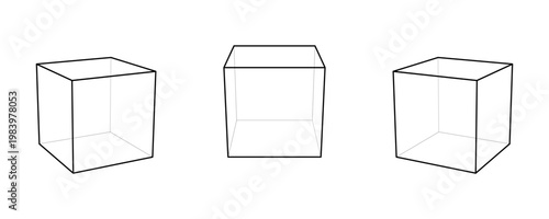 Vector set of three transparent cube wireframes in perspective. Editable stroke outlines for technical drawing and 3D modeling. Minimalist geometric templates isolated on white.