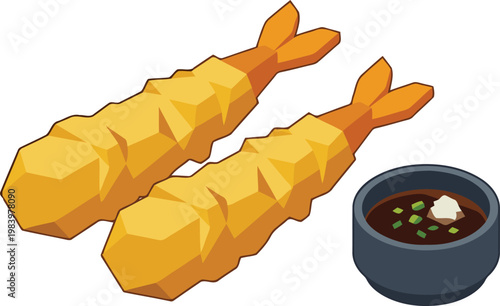 3D isometric flat vector illustration of crispy Japanese shrimp tempura with dipping sauce