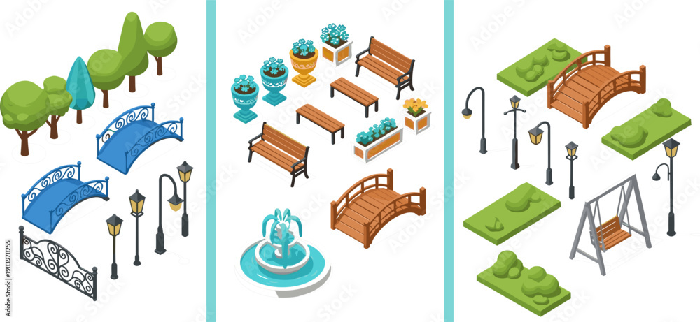 Fototapeta premium Isometric Park Elements Set with Bridge Fountain Benches Trees Lamps and Swing for Game Design