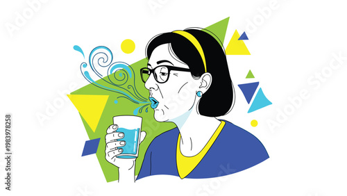 Mature woman with glasses holds a glass of water while experiencing a refreshing sensation or relief, shown with stylized blue swirls.