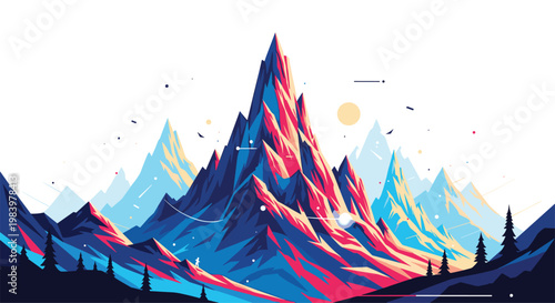 Dramatic and colorful mountain range is depicted with sharp peaks and vibrant shades of blue, pink, and orange in a stylized landscape art.