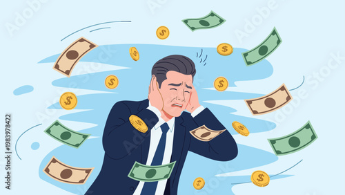 Stressed businessman covers his ears as banknotes and gold coins swirl around him, representing financial pressure or information overload.
