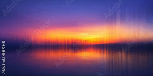 Abstract image, a vibrant sunset over water, evokes a sense of peace and tranquility, reflecting the sky's colors, and creating a dreamlike landscape.