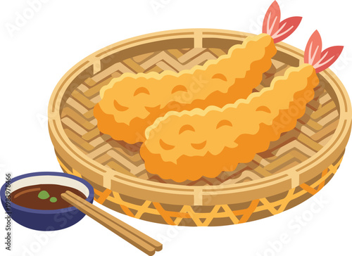 Flat vector illustration of crispy Japanese shrimp tempura on a bamboo basket with sauce