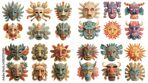 Decorative tribal masks collection with colorful ethnic patterns and cultural designs, hand drawn vector set inspired by traditional art