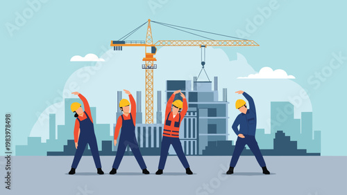 Group of construction workers in safety gear performs stretching exercises together at a building site with a large crane in back.