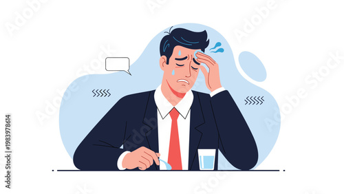 Unwell man in a business suit wipes his forehead while sitting at a table with a bowl of soup and glass of water during his illness.
