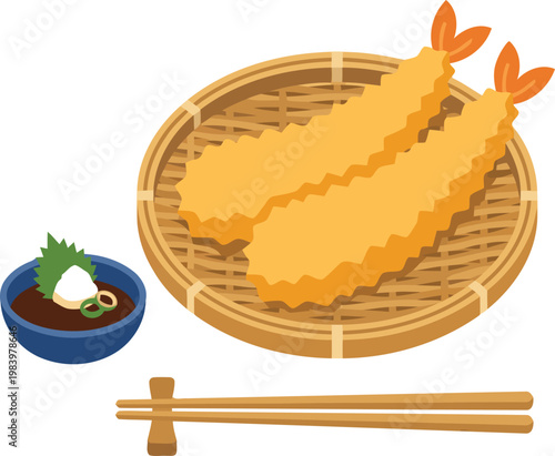 Isometric flat vector illustration of Japanese shrimp tempura on woven basket with chopsticks