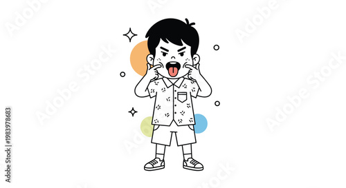 Mischievous cartoon boy with messy black hair is sticking out his tongue and pulling his cheeks in a playful and funny facial expression.