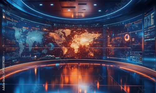 Futuristic command center with curved panoramic world map displays, glowing blue and orange lighting, reflective floor, high-tech atmosphere and focused intensity