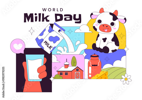 World Milk Day Vector Illustration Fresh Dairy Concept With Cow Farm Milk Bottle Cheese And Healthy Nutrition Theme For Celebration Design