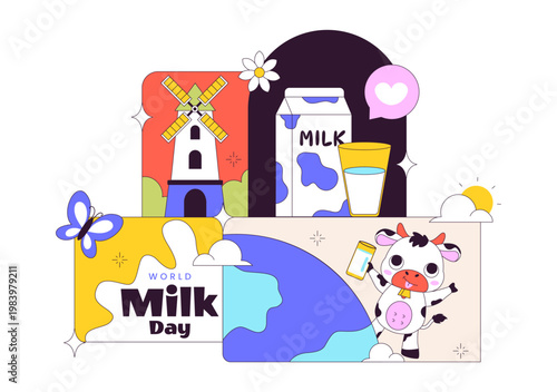 World Milk Day Vector Illustration Fresh Dairy Concept With Cow Farm Milk Bottle Cheese And Healthy Nutrition Theme For Celebration Design