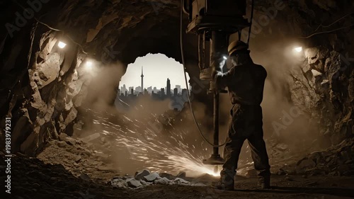 Mining operation silhouette of urban skyline concept stock footage