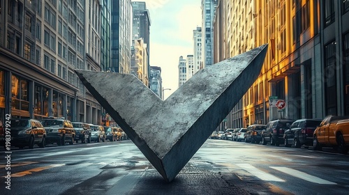 Giant v-shaped metal sculpture rising from a wet city street between towering office buildings, rows of parked cars and warm golden light, creating a dramatic, surreal solitude