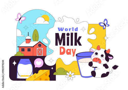 World Milk Day Vector Illustration Fresh Dairy Concept With Cow Farm Milk Bottle Cheese And Healthy Nutrition Theme For Celebration Design