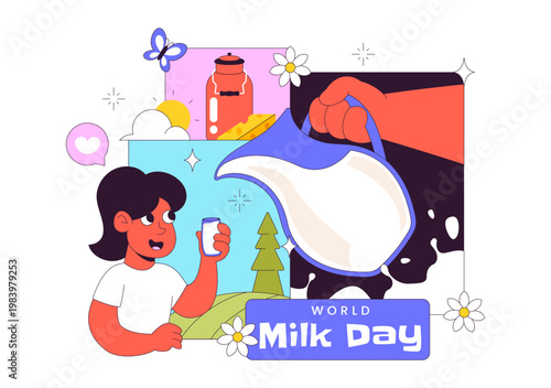 World Milk Day Vector Illustration Fresh Dairy Concept With Cow Farm Milk Bottle Cheese And Healthy Nutrition Theme For Celebration Design