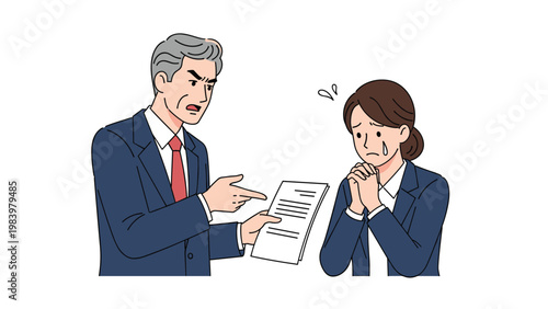 Angry male manager shouts and points at a document while a worried female employee prays for forgiveness or relief at work.