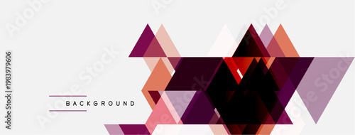 Abstract geometric shapes overlap, creating dynamic visual texture. Pink, purple, red hues dominate design. Minimalist style.