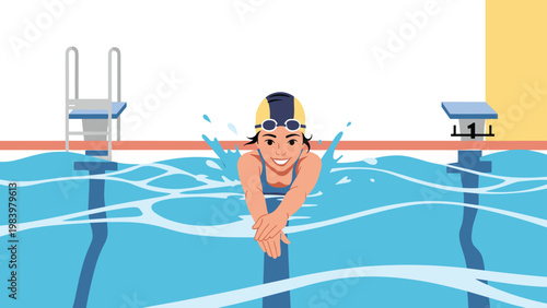 Smiling young woman swims forward in a blue swimming pool during a competition or practice at an indoor aquatic sports center.