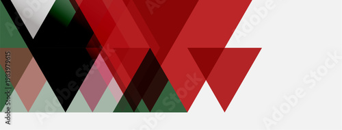 Abstract geometric shapes, triangles overlap. Red, green, black, pink hues dominate white background. Modern design element.