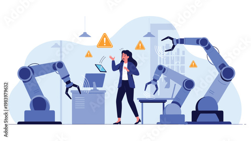 Stressed woman in an office is overwhelmed by malfunctioning industrial robotic arms and warning symbols in a tech environment.