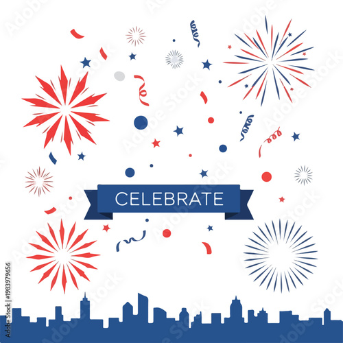 Fireworks explode in city sky.