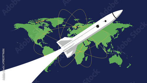 High-speed rocket flies diagonally across a green Earth map against a dark blue space background with orbital path lines.