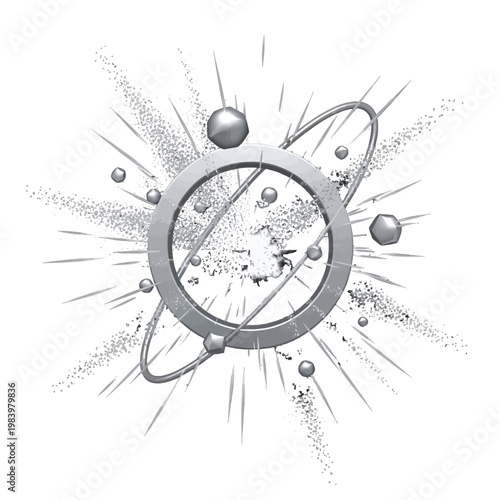 Abstract atomic structure with orbiting particles and radiating energy