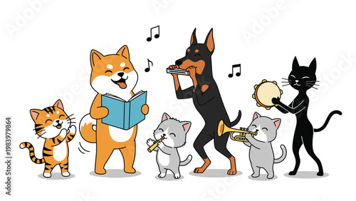 Group of talented dogs and cats forms a musical band, playing the harmonica, trumpet, and tambourine while singing from a book.