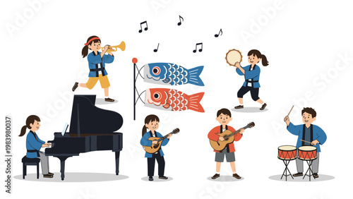 Children in traditional Japanese festival attire perform together on various musical instruments beside flying carp streamers.