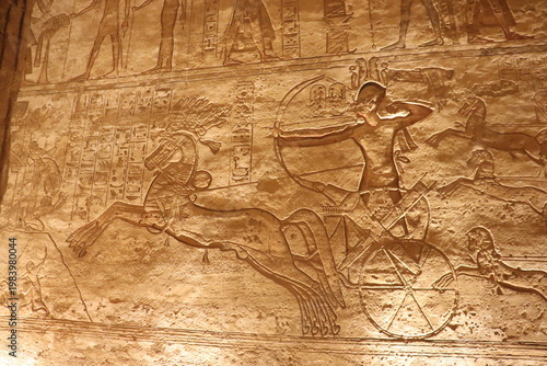 Ancient egyptian hieroglyphics at Abu Simbel temple, Aswan, Egypt