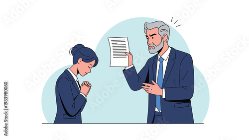 Stressed female office worker bows her head in apology while an angry senior manager holds up a document and scolds her.