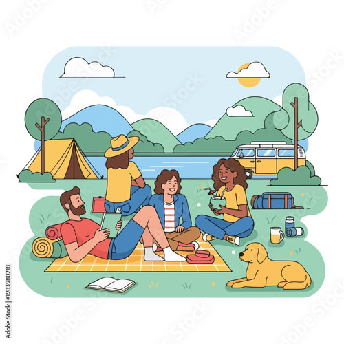 Group of people having outdoor picnic.