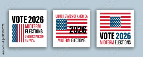 United States Midterm Elections 2026 Social Media  Banner Set with American Flag. Vector illustration.