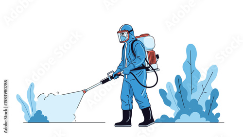 Specialist in a full blue hazmat suit and protective gear sprays disinfectant or pesticide on outdoor vegetation during a task.