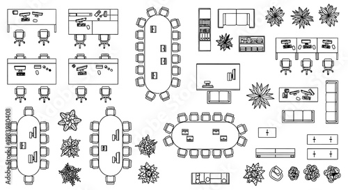 office furniture layouts and architectural plan top view for modern office design space planning and business interior elements.