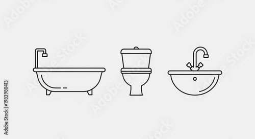 Clean Bathroom Fixtures Line Art Icons Set.