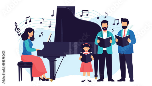Family members sing together from books while a woman plays a grand piano in a beautiful scene filled with musical notes and joy.