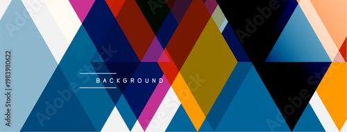 Abstract geometric shapes overlap, creating vibrant colorful background. Modern design utilizes triangles, squares, rectangles.