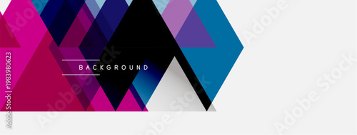 Abstract geometric shapes overlap, creating vibrant purple, blue, pink design. White space provides contrast, text reads background.