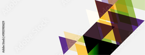 Abstract geometric shapes overlap, creating dynamic visual composition. Colors include purple, gold, green, brown, white. Minimalist design.