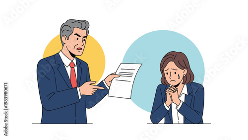 Angry male manager in a suit yells at a crying female employee while pointing to a document during an office conflict.