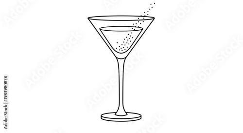 Elegant cocktail glass is shown in a simple line art illustration with a bubbling beverage and a stylized splash for a celebratory theme.