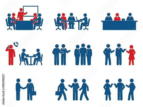 Professional office scenes set, business characters brainstorming and shaking hands isolated on transparent Background. Modern workplace collection, entrepreneurs collaborating and communicating .