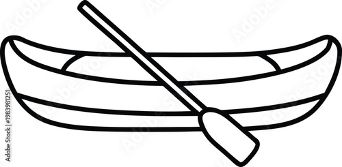 canoe open top curved ends single paddle resting line art vector illustration on transparent background