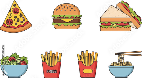 A variety of fast food items are arranged on a table indoors.