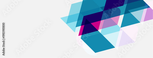 Abstract geometric shapes overlap, creating dynamic visual effect. Cool hues dominate with pink accents. Minimalist design.